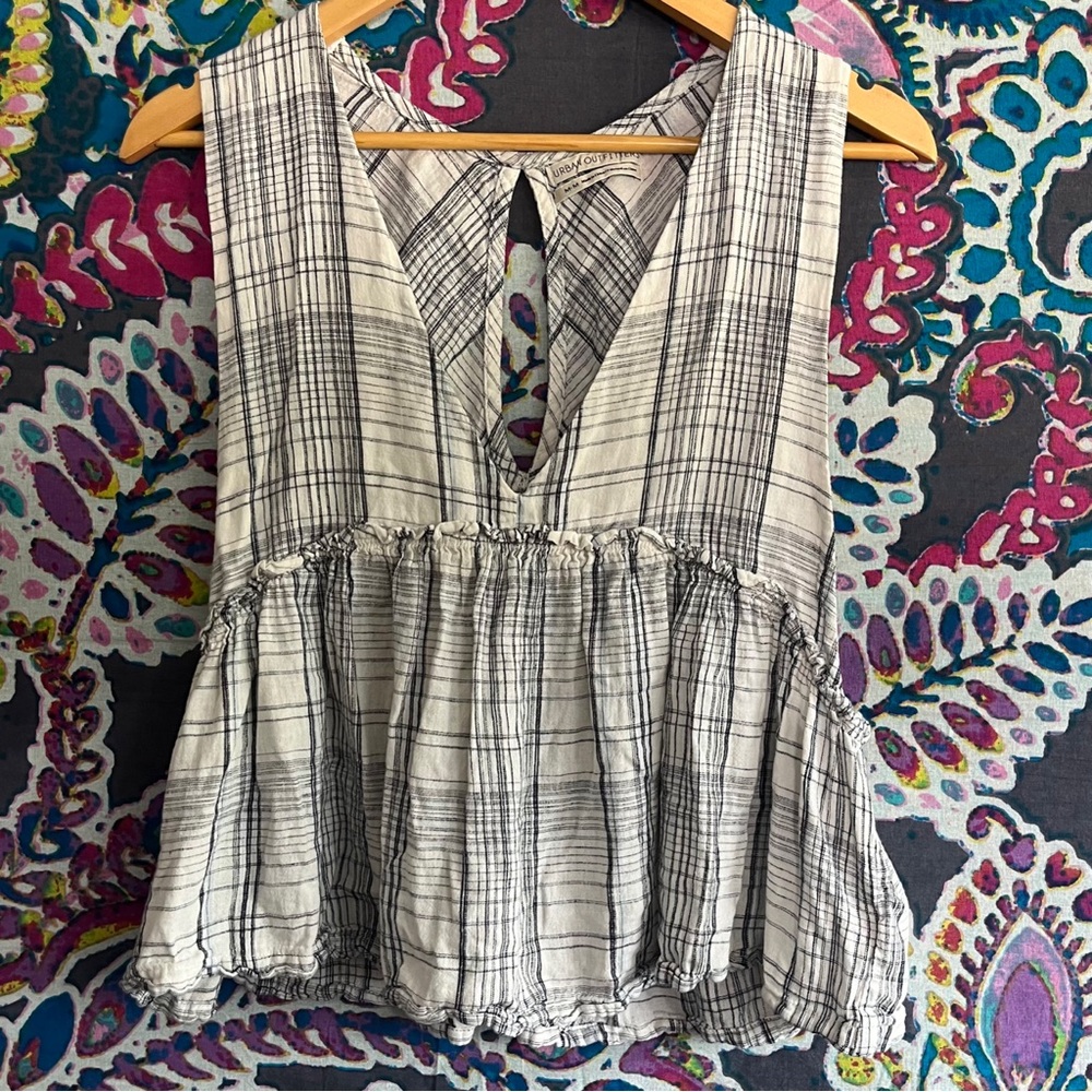 Urban Outfitters UO Linen Melody Plunging Babydoll Top Medium Gray White Plaid - Picture 2 of 11